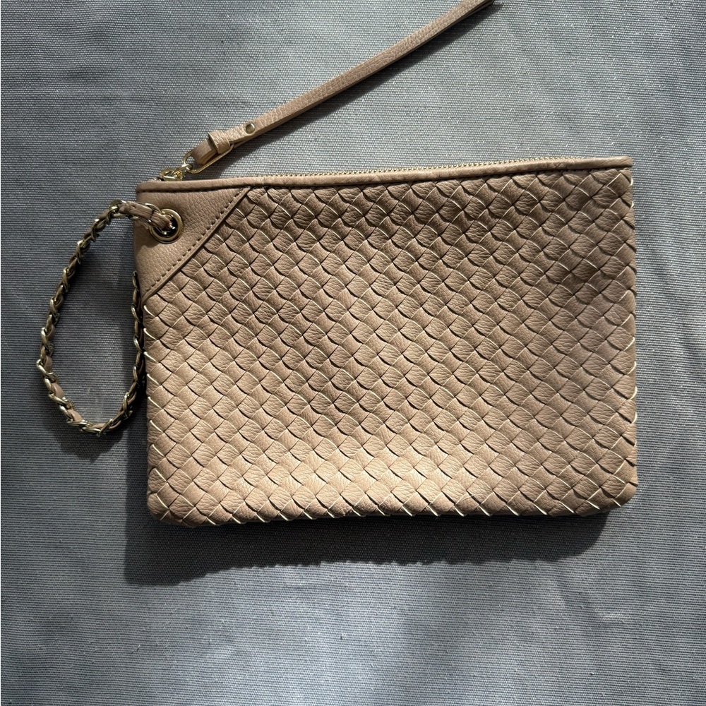 Gray Taupe Woven Vegan Leather Pouch Clutch Wristlet